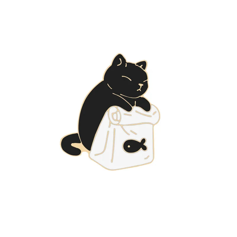 Cute Black White Cats Enamel Pins Dried Fish Bag Brooch Cartoon Animal Badges Denim Lapel Pin Jewelry Gift for Kids Best Friends