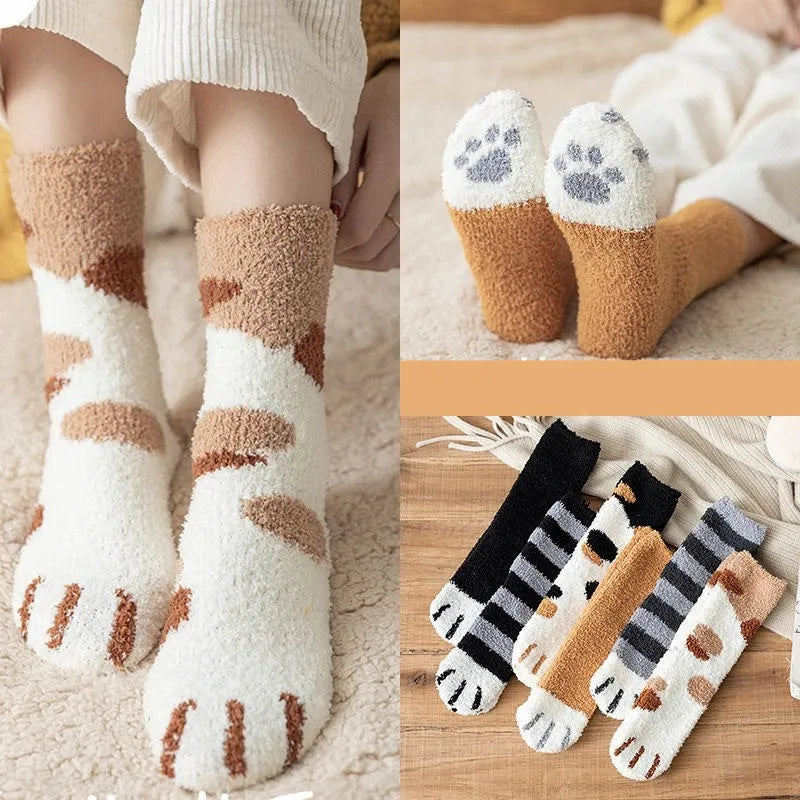 Dreamlikelin Kawaii Cartoon White Socks for Women Cute 3d Dog Cat Paw Pattern Female Fleece Warm Funny Socks Home Floor Sleeping