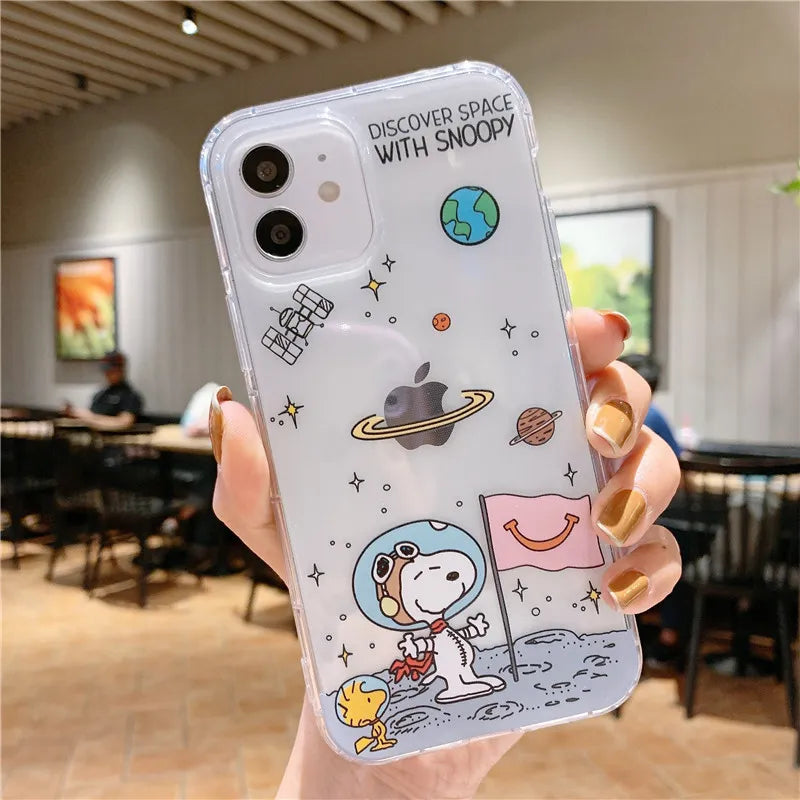 Snoopy astronaut Cartoon Transparent Phone Case For iPhone 15 14 13 12 11 Pro Max Xr Xs Max 14 Plus 8 Plus Case Cute Soft Cover