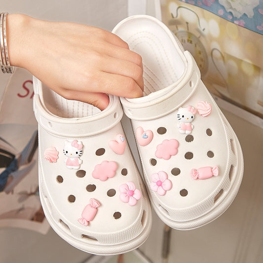 12pcs/set Sanrio Hello Kitty DIY Pink Shoe Buckle Suit Cute Novelty Funny Crocs Charms Accessories Kids Girls X-mas Party Gifts