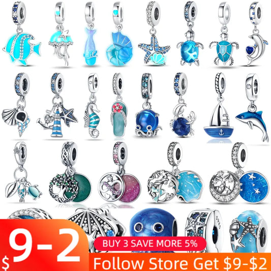 Charms Fit Pandora 925 Original Bracelet 925 Silver Blue Luminous Octopus Sea Turtle Sea Shell Fish Charms DIY Jewelry Making