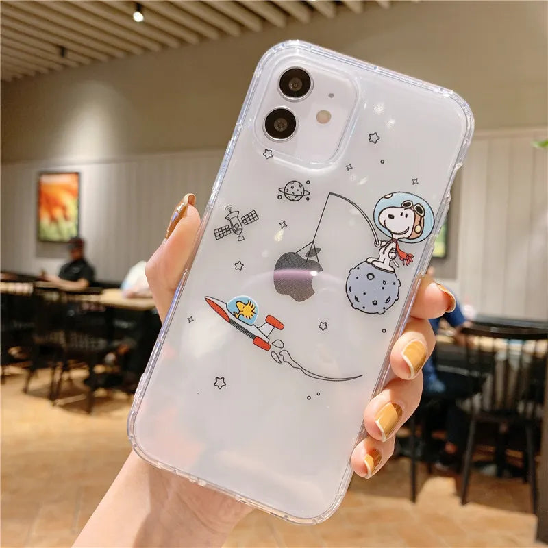 Snoopy astronaut Cartoon Transparent Phone Case For iPhone 15 14 13 12 11 Pro Max Xr Xs Max 14 Plus 8 Plus Case Cute Soft Cover