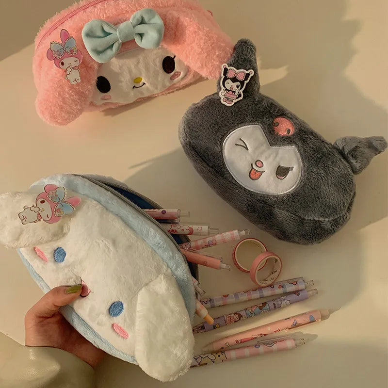 Kawaii Anime Sanrio Kuromi Large Pencil Case Plush Bag Toys Makeup Girl Children's Stationery