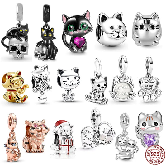 Authentic 925 Sterling Silver Pet Cat Dangle Charm Kitten Bead Fit Original Pandora Bracelet Necklace Jewelry For Women Gift