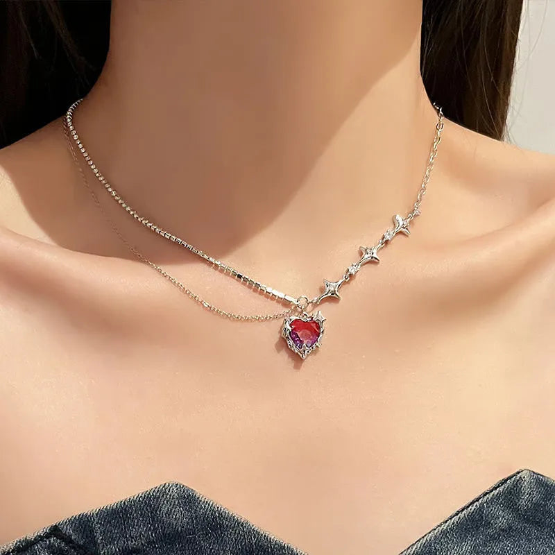 Kpop Heart Necklace French Lucky Bean Love Clavicle Chain Korean Simple Female double layer Necklace Female Pendant for Women