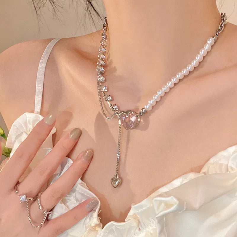 Kpop Heart Necklace French Lucky Bean Love Clavicle Chain Korean Simple Female double layer Necklace Female Pendant for Women