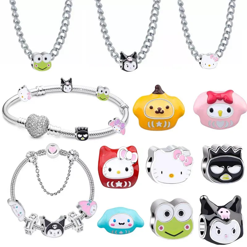 Sanrio Accessories Anime HelloKitty Melody Kuromi Alloy Silver Charms Bead Fits Charm Bracelet Women Pendant DIY Jewelry