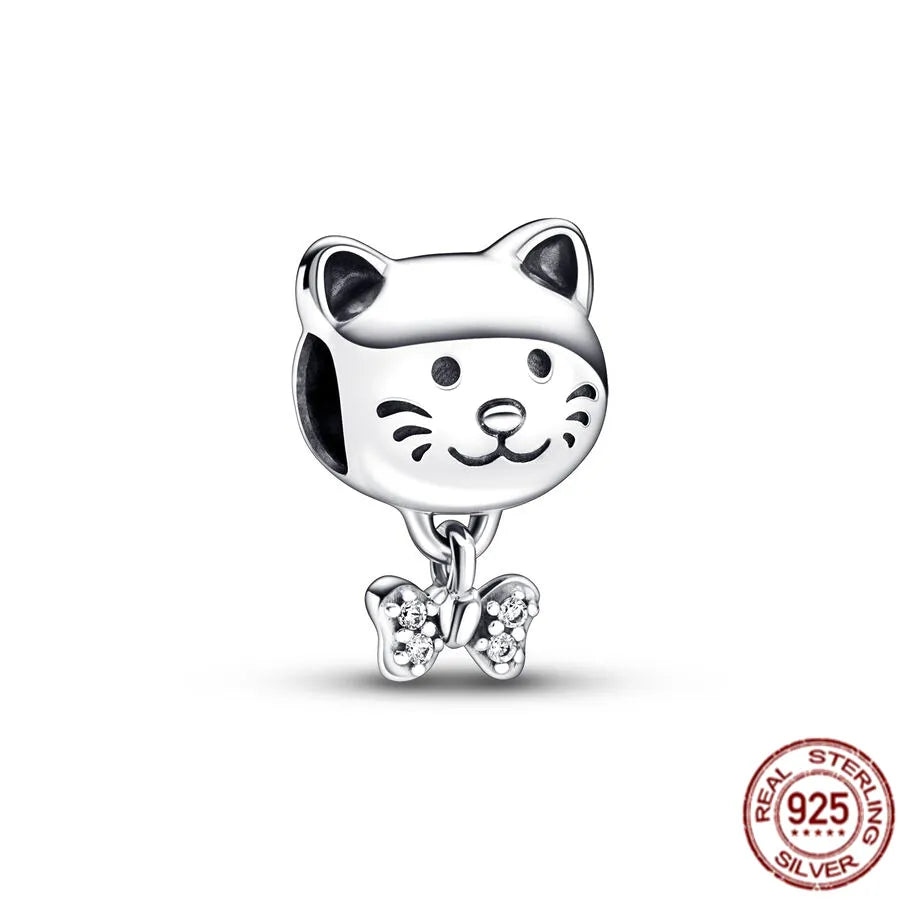 Authentic 925 Sterling Silver Pet Cat Dangle Charm Kitten Bead Fit Original Pandora Bracelet Necklace Jewelry For Women Gift