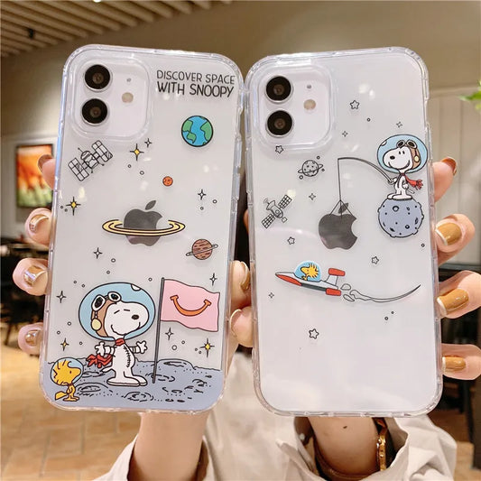 Snoopy astronaut Cartoon Transparent Phone Case For iPhone 15 14 13 12 11 Pro Max Xr Xs Max 14 Plus 8 Plus Case Cute Soft Cover