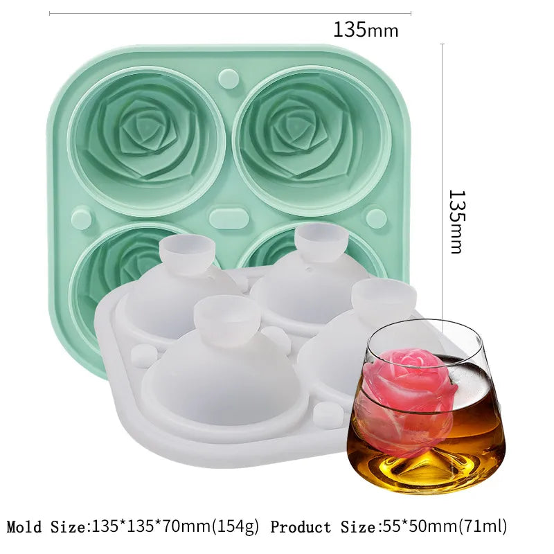 3D Rose Ice Molds 2.5 Inch, Large Ice Cube Trays, Make 4 Giant Cute Flower Shape Ice, Silicone Rubber Fun Big Ice Ball Maker