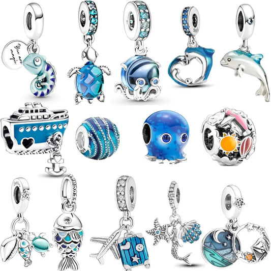 925 Sterling Silver Blue Bead Color-changing Chameleon Octopus Fish Turtle Dangle Charm Fit Original Pandora Bracelet Jewelry